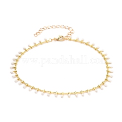 Brass Enamel Anklets, with Curb Chains and Lobster Claw Clasps, White, Golden, 9-1/2 inch(24cm)