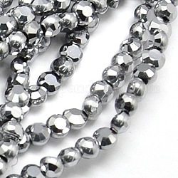 FilI di perline in vetro placcato, pieno di platino placcato, sfaccettato, rotondo e piatto, grigio, 4x3mm, Foro: 1 mm, circa 95pcs/filo, 14 pollice