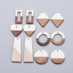 Colgantes de resina y madera de nogal, plano redondo y anillo y rectángulo y rombo y corazón y trapecio, blanco, 12 PC / sistema