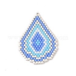 Métier à tisser fait main motif perles de rocaille miyuki, pendentifs en forme de larme, bleuet, 34.5x25.5x1.5mm, Trou: 0.8mm