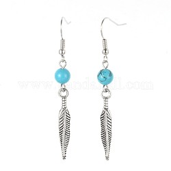 Feather Alloy Synthetic Turquoise Dangle Earrings, with Brass Earring Hooks, 55mm, Pin: 0.7mm