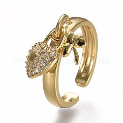 Anelli di polsino in zircone chiaro con micro pavè di ottone, anelli aperti, serratura a cuore con trifoglio, vero placcato oro 18k, formato 7, diametro interno: 17mm