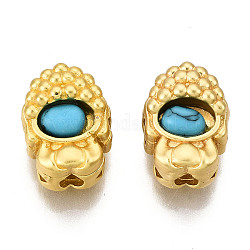 4-Hole Synthetic Turquoise Beads, Dyed, with Brass Findings, Hollow, Matte Gold Color, Sky Blue, 10.5x7.5x6.5mm, Hole: 2mm