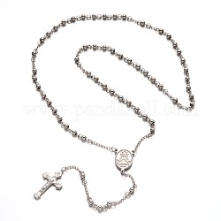 304 Stainless Steel Rosary Bead Necklaces, with Oval Link, Cross Pendant and Lobster Clasps, Stainless Steel Color, 23.62 inch(60cm)