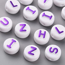 Opaque White Acrylic Beads, with Glitter Powder, Horizontal Hole, Flat Round with Random Letters, Blue Violet, 10x6mm, Hole: 2mm, about 1560pcs/500g