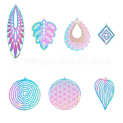 Unicraftale 201 Stainless Steel Filigree Pendants, Etched Metal Embellishments, Rainbow Color, 45.5x34x0.3mm, Hole: 1.8mm, 32pcs/box