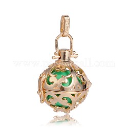 Golden Plated Brass Hollow Round Cage Pendants, with No Hole Spray Painted Brass Beads, Medium Spring Green, 34x25x20mm, Hole: 3x8mm