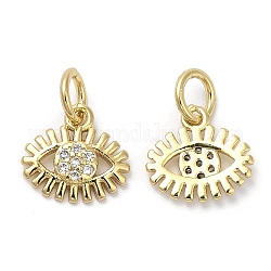 Brass Micro Pave Cubic Zirconia Pendants, with Jump Ring, Lead Free & Cadmium Free, Eye Charm, Real 18K Gold Plated, 9.5x10x1.5mm, Hole: 3.4mm