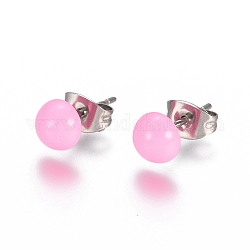 Spray Paint 304 Stainless Steel Stud Earrings, with Earring Backs, Half Round, Pearl Pink, 6x3mm, Pin: 0.8mm