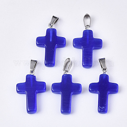 Katzenauge Anhänger, mit Edelstahlpflockbügeln, Kreuz, Edelstahl Farbe, Blau, 28~30x18x6 mm, Bohrung: 7x3.5 mm
