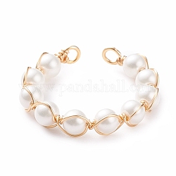 Anello a polsino aperto intrecciato con perle di conchiglia, gioielli avvolgenti in filo di rame per le donne, oro, misura degli stati uniti 7 1/4 (17.5mm)