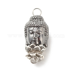 Messing-Buddha-Kopf-Verbindungsstücke, mit doppelseitigen Perlenkappen aus legiertem Lotus und 304 Edelstahlzubehör, Antik Silber Farbe, 23.5x12x11 mm, Bohrung: 2.6 mm