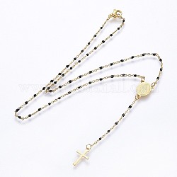 304 Stainless Steel Lariat Necklaces, with Enamel and Lobster Claw Clasps, Oval with Cross, Virgin and Child, Golden, Black, 16.9 inch(43cm), 1.5~2mm