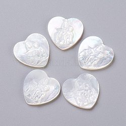 Natural White Shell Mother of Pearl Shell Cabochons, Heart with Virgin Mary, 14.5x14.7x2mm