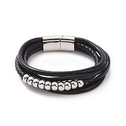 Bracelet multi-rangs cordon tressé cuir noir avec 201 fermoirs aimantés acier inoxydable, bracelet punk perlé rond pour hommes femmes, couleur inoxydable, 8-1/2 pouce (21.7 cm)