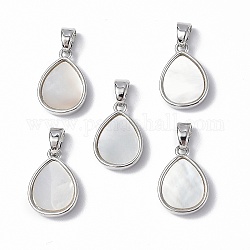 Brass Charms, with Freshwater Shell, Nickel Free, Teardrop Charm, Platinum, 14.5x10x3mm, Hole: 4.5x3mm