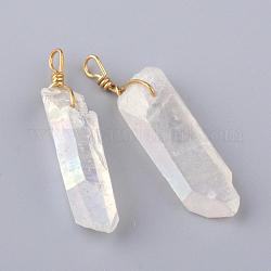 Pendentifs en cristal de quartz naturel électrolytique, cristal de roche, avec les accessoires en laiton, clair, 35~50x8~13x6~11mm, Trou: 3mm