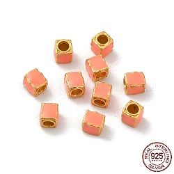 Matte Gold Color 925 Sterling Silver Beads, with Enamel, Square, Pink, 3x2.5x2.5mm, Hole: 1.4mm