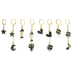 4 ensemble de boucles d'oreilles à levier en alliage émaillé de 4 styles, boucles d'oreilles asymétriques, lune et étoile et chat et trèfle, noir, 29~67x8.5~14mm, 1 ensemble/style
