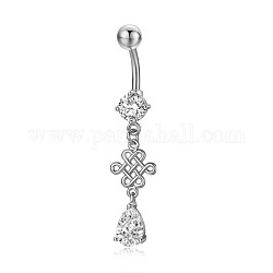 Piercing Jewelry, Brass Cubic Zirciona Navel Ring, Belly Rings, with 304 Stainless Steel Bar, Lead Free & Cadmium Free, Chinese Kont, Clear, 47mm, Pendant: 25.5x10mm, Bar: 14 Gauge(1.6mm), Bar Length: 3/8