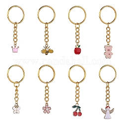 8Pcs Alloy Enamel Pendants Keychain, with Iron & 304 Stainless Steel Findings, Apple & Angle & Bee & Butterfly, Mixed Color, 6.1~7.2cm, 8pcs/set