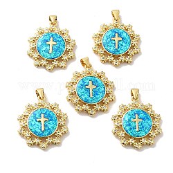 Rack Plating Brass Micro Pave Cubic Zirconia with Synthetic Opal Pendants, with Jump Ring, Lead Free & Cadmium Free, Long-Lasting Plated, Flat Round with Cross, Real 18K Gold Plated, 25.5x22.8x4.7mm, Hole: 5x3.6mm