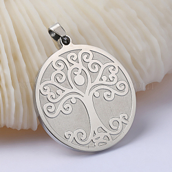 Flat Round with Tree of Life 304 Stainless Steel Pendants, Stainless Steel Color, 33x29.8x2mm, Hole: 3x7mm