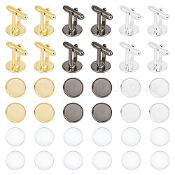 Unicraftale 12Pcs 3 Colors Brass Cuff Button, Cufflink Findings for Apparel Accessories, with 12Pcs Transparent Glass Cabochons, Mixed Color, 12~18.5x12~18x5.5~14mm, tray: 12mm