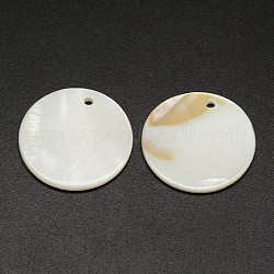 Plats ronds pendentifs coquille d'eau douce, blanc crème, 25x2mm, Trou: 2mm