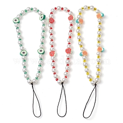 Sangles mobiles en argile polymère, perles imitées et perles de verre, 3 pièce, décoration d'accessoires mobiles en fil de nylon tressé, couleur mixte, 19.5~20 cm, pendentifs: 10~11.5x7~9x4~4.5 mm