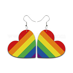 Orecchini pendenti con cuore in pelle color arcobaleno con bandiera dell'orgoglio, orecchini lunghi a goccia in ottone da donna, colorato, 70x45x1.5mm