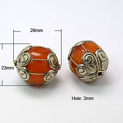 Handmade Tibetan Style Beads, Brass with Beewax, Drum, Antique Silver, 28x23mm, hole: 2mm