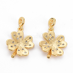 Brass Clear Cubic Zirconia Pendants, Nickel Free, Flower, Real 18K Gold Plated, 25mm, Hole: 0.9mm, Flower: 19x15x3mm, Flat Round: 7x5x1.5mm