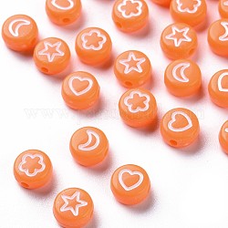 Perline acrilico opaco, tondo piatto con cuore bianco e fiore e luna e stella, arancione, 7x4mm, Foro: 1.6 mm