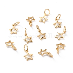 Brass Charms, with Jump Rings, Long-Lasting Plated, Star, Hollow, Real 18K Gold Plated, 8x6x0.8mm, Jump Ring: 5x1mm, Inner Diameter: 3mm 