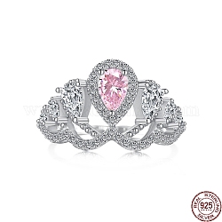 Rhodium Plated 925 Sterling Silver Pave Pink Cubic Zirconia Hollow Finger Ring for Women, Crown, Real Platinum Plated, 1.4mm, US Size 7(17.3mm)