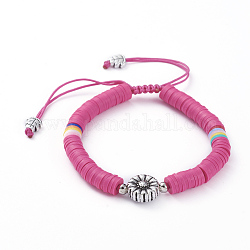 Nylon regolabile bracciali intrecciati cavo di perline, con perle di argilla polimerica heishi, perle tonde di ferro e perle di lega in stile tibetano, rosa intenso, 1-7/8 pollice ~ 3 pollici (4.8~7.8 cm)