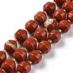 Rosso naturale perline di diaspro fili, con perline semi, tamburo a botte bicono sfaccettato, 9~10mm, Foro: 1.2 mm, circa 29~32pcs/filo, 14.45~14.84 pollice (36.7~37.7 cm)