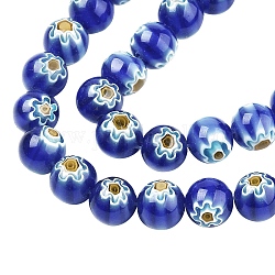 Fili di perline di vetro millefiori fatto a mano, tondo con motivo floreale, blu, 10mm, Foro: 1.2 mm, circa 36~38pcs/filo, 13.78 pollice ~ 14.88 pollici (35 cm ~ 37.8 cm)