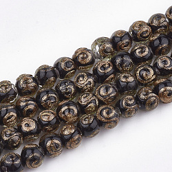 Perline murano con sabbia d'oro fatto a mano, tondo, nero, 8~9x7~7.5mm, Foro: 1.5~2 mm