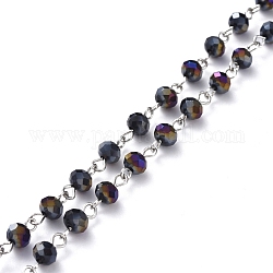 Chaînes de perles de verre électrolytique manuelles, avec épingle à oeil en fer platiné, non soudée, indigo, 39.37 pouce (100 cm), perles: 6x4.5 mm