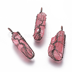 Pendentifs enveloppés de fil de cristal de quartz naturel galvaniser, avec les accessoires en laiton, balle, cuivre rouge, rouge violet pâle, 45~77x12~22x10~20mm, Trou: 4~7mm
