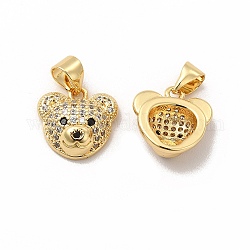 Rack Plating Brass Micro Pave Cubic Zirconia Charms, Cadmium Free & Lead Free, Real 18K Gold Plated, Long-Lasting Plated, Bear Head Charm, Clear, 11x12x4.5mm, Hole: 3.5x4.5mm