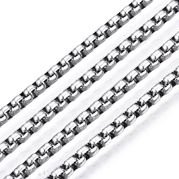 304 Stainless Steel Box Chains, with Spool, Unwelded, Stainless Steel Color, 2.5x2.5x1.3mm, about 82.02 Feet(25m)/roll