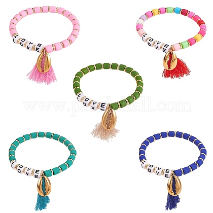 Clataly 5 Pz Colorato Morbido Ceramica Bracciali Lettera AMORE Bracciali Staccabili Elastici Perline Bracciali Gioielli per le Donne Ragazze (Rosso rosa