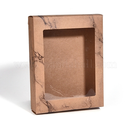 折りたたみクリエイティブクラフト紙箱  紙ギフトボックス  クリアウィンドウ付き  大理石のテクスチャ模様を持つ長方形  バリーウッド  17.7x13.5x3.7cm CON-G007-05B-04-1