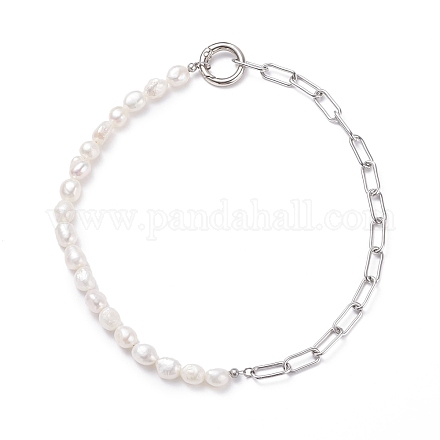 Collana di perle di keshi naturale con 304 catena di graffette in acciaio inossidabile da donna NJEW-JN03849-1