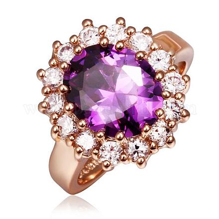 Flower Real Rose Gold Plated Tin Alloy Cubic Zirconia Finger Rings RJEW-BB09724-8D-1