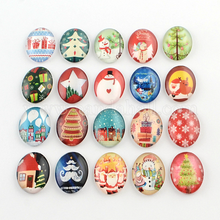 Christmas Theme Pattern Glass Oval Flatback Cabochons for DIY Projects X-GGLA-R022-35x25-76-1