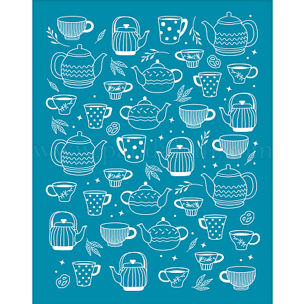 OLYCRAFT 4x5 Inch Teapot Teacup Clay Stencils Tea Leaves Silk Screen for Polymer Clay Afternoon Tea Silk Screen Stencils Mesh Transfer Stencils for Polymer Clay Jewelry Making DIY-WH0341-301-1